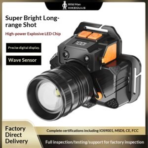 LED Rechargeable Headlamp, Motion Sensor Zoomable Headlight for Outdoor Camping, Hiking, Fishing